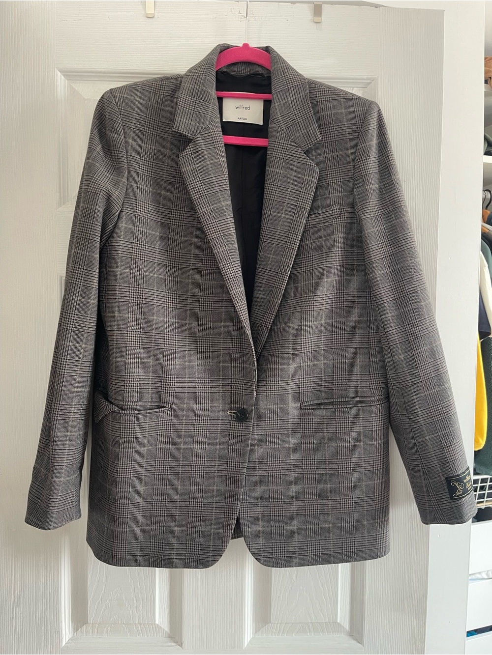 Aritzia Wilfred Gray Plaid Tailored One-Button Blazer